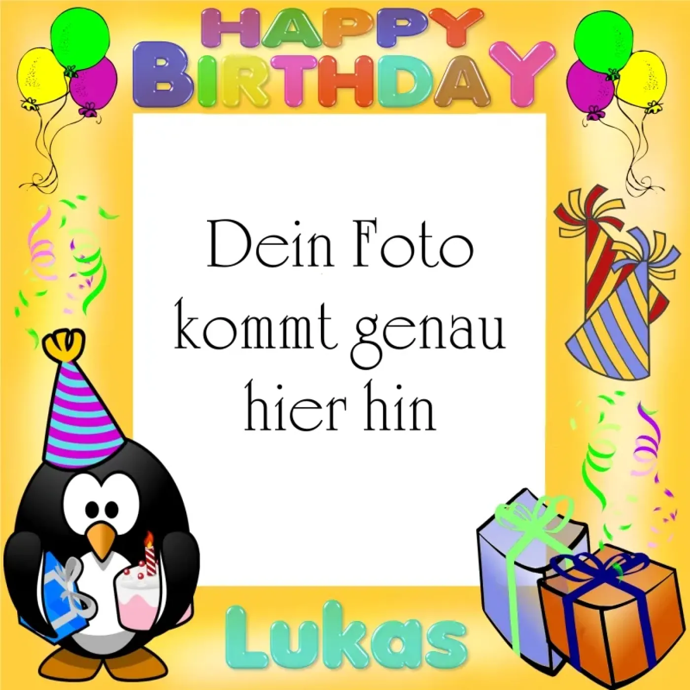 Kinder-Tortenaufleger Rahmen mit süßem Pinguin, Geschenken & Luftballons